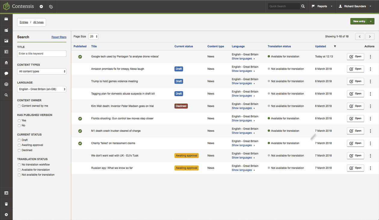 An animation showing an entry being unpublished in the Contensis CMS.