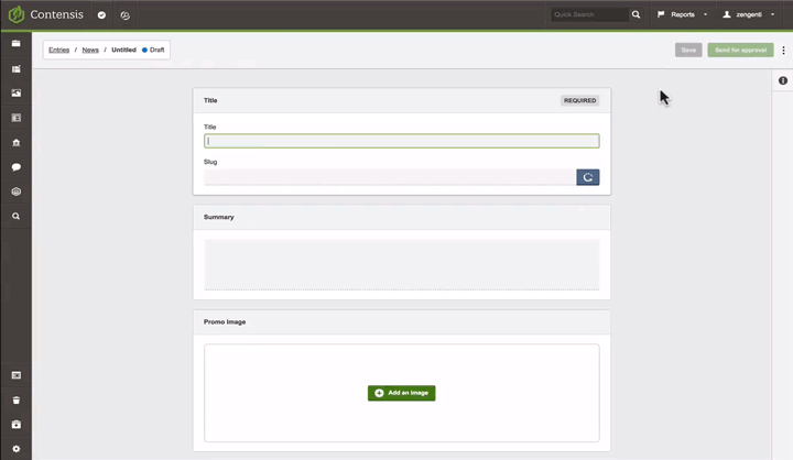 An animation showing a slug being automatically generated when a title is added to an entry in a Contensis CMS.