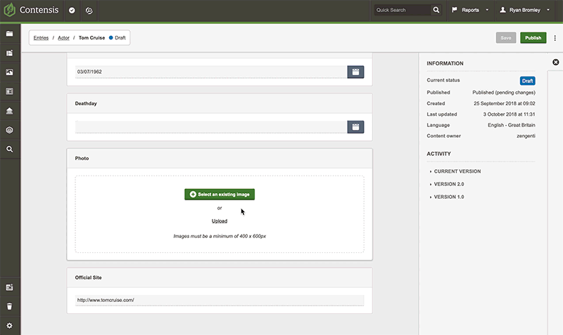 An animation showing an image from the image gallery being added to a Contensis entry.