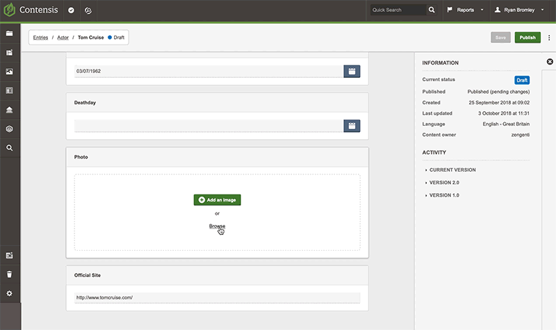 An animation showing an image being uploaded into a Contensis entry.