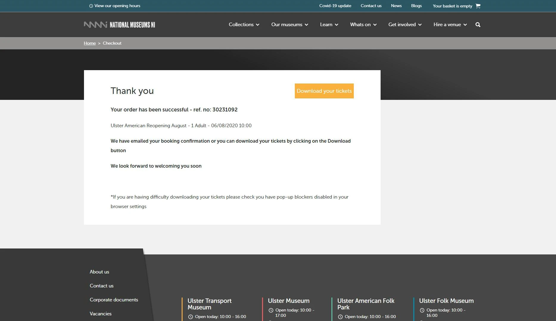 Screen showing a thank you page to let users know their order has been successful