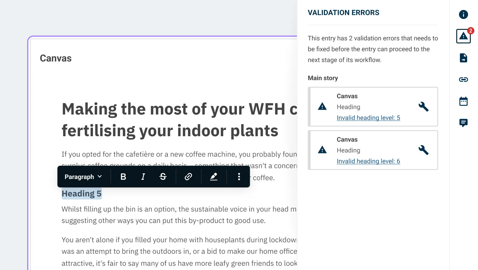 Validation panel highlighting validation errors in a canvas field