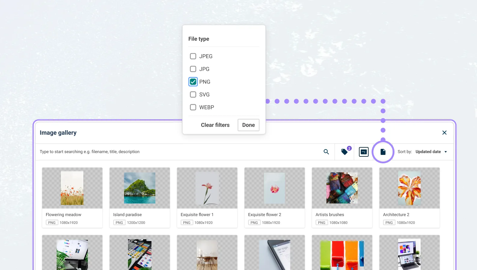 Filtering by file type such as PNG, SVG or anything else in the library