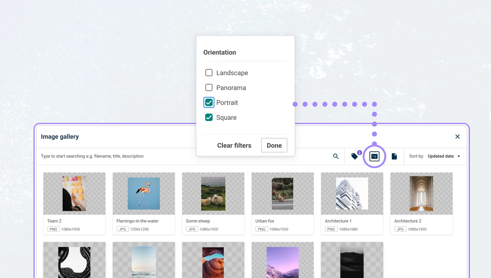 The new orientation filter in the Contensis asset gallery.