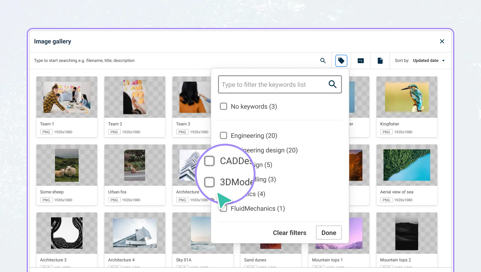The new keywords filters in the Contensis asset gallery.
