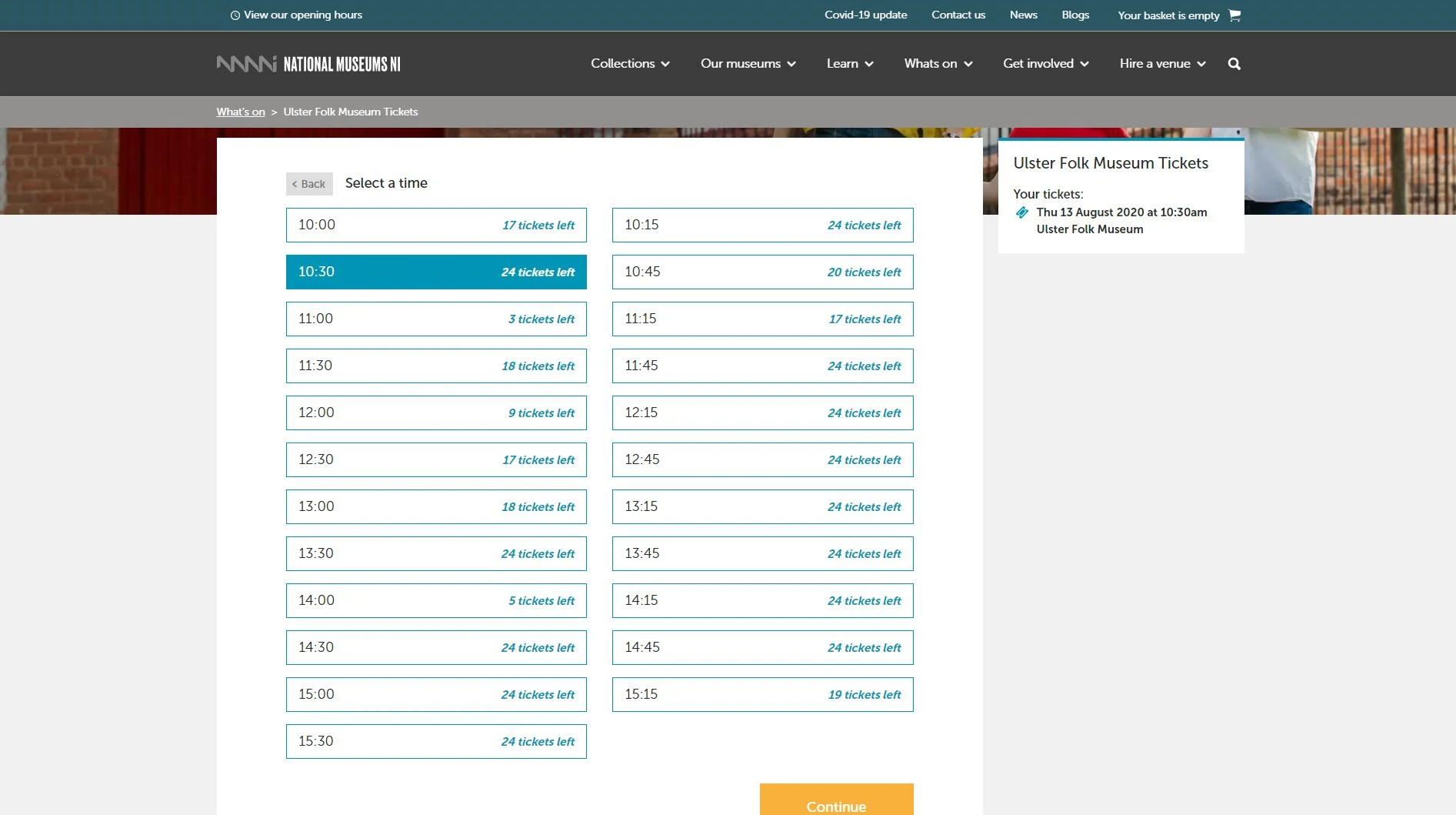 Screen showing a list of times to select a booking from at NMNI