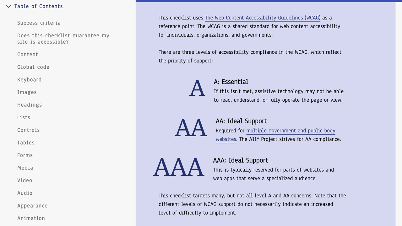 Screenshot of A11y Project table of contents