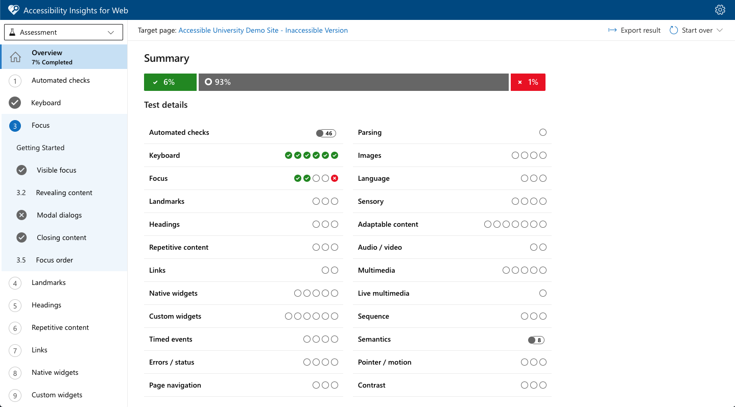 Screenshot of Accessibility Insights for Web manual assessment checklist