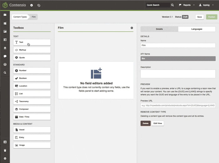 An animation showing fields being added to a content type in Contensis.