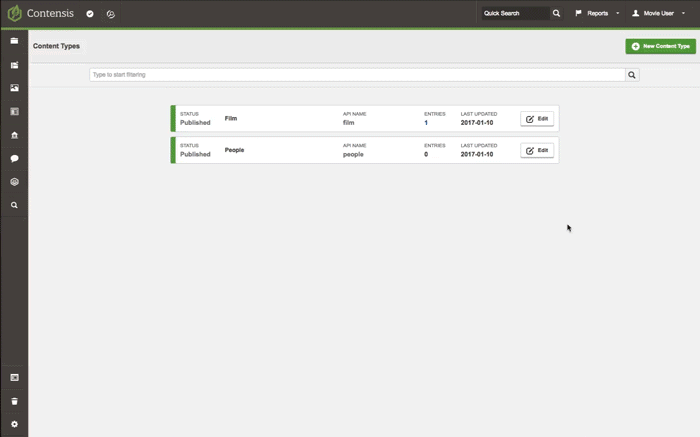 An animation showing how to add an entry field to a content type.