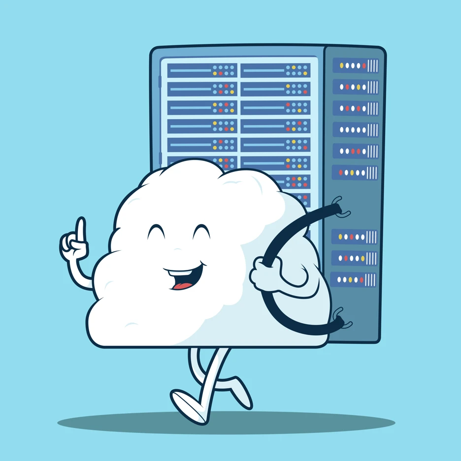 Illustration of a smiley white cloud walking along with a computer server on its back like a rucksack, with a light blue background.