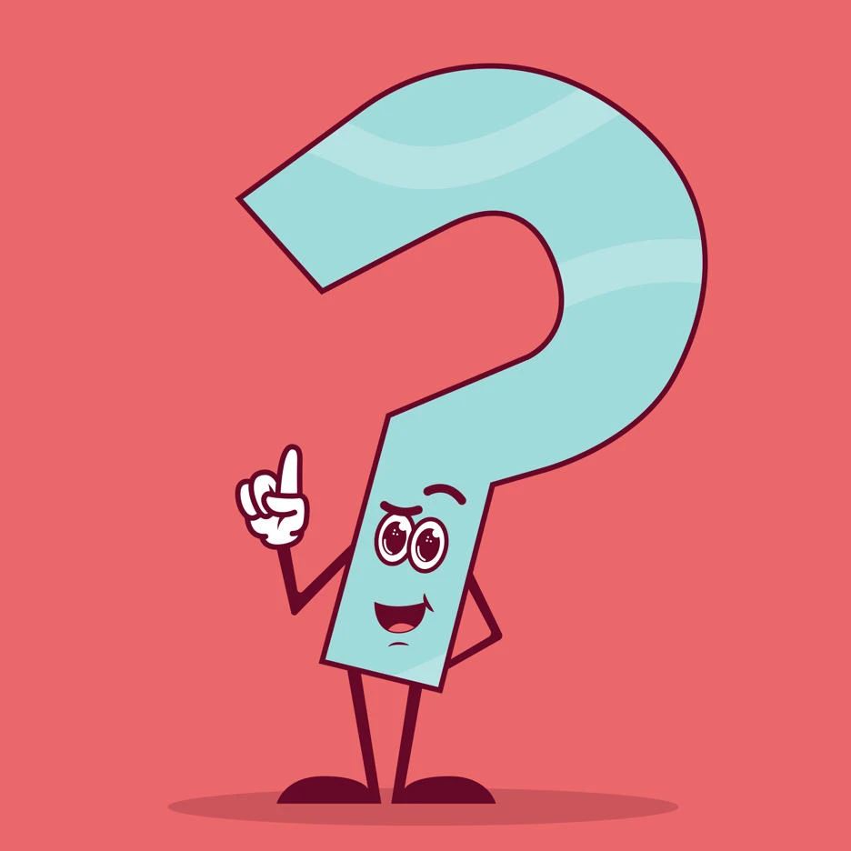 An illustrated blue question mark, with human characteristics. The question mark has arms and legs and is pulling a quizzical facial expression on a pinky orange background.