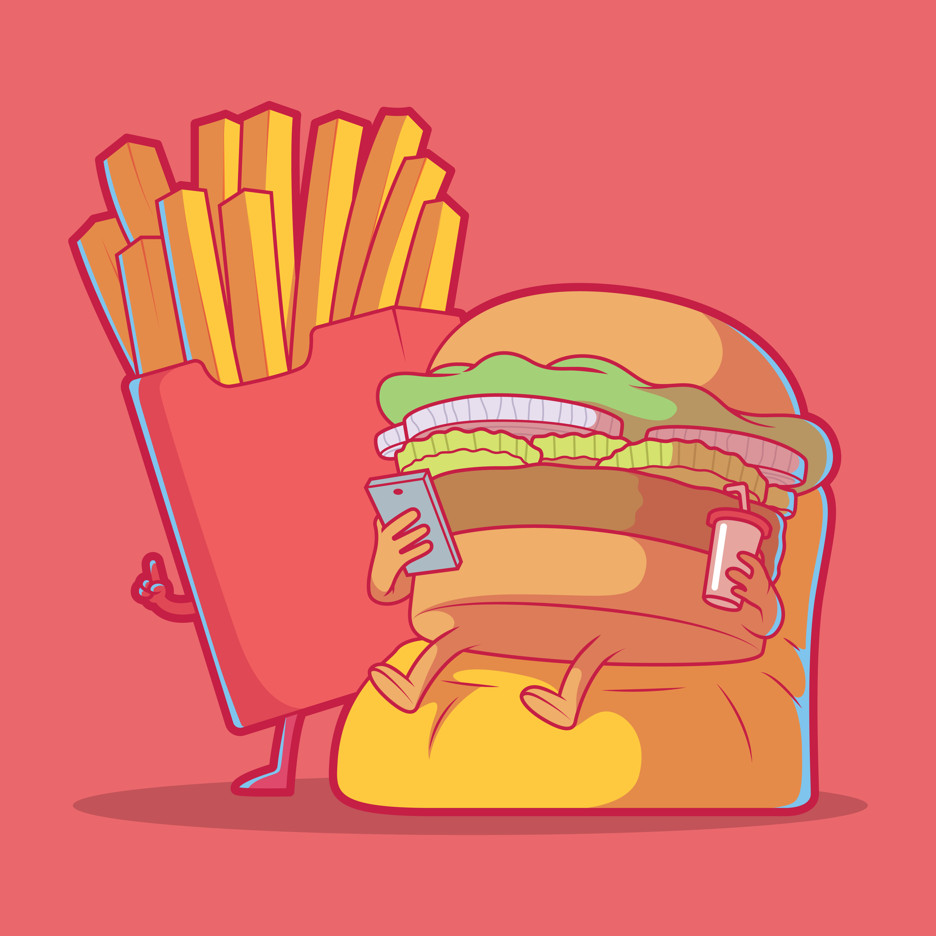 A cartoon burger and fries, with arms and legs, looking at their phone and holding a fast food drinks cup in their hand, on a red background.