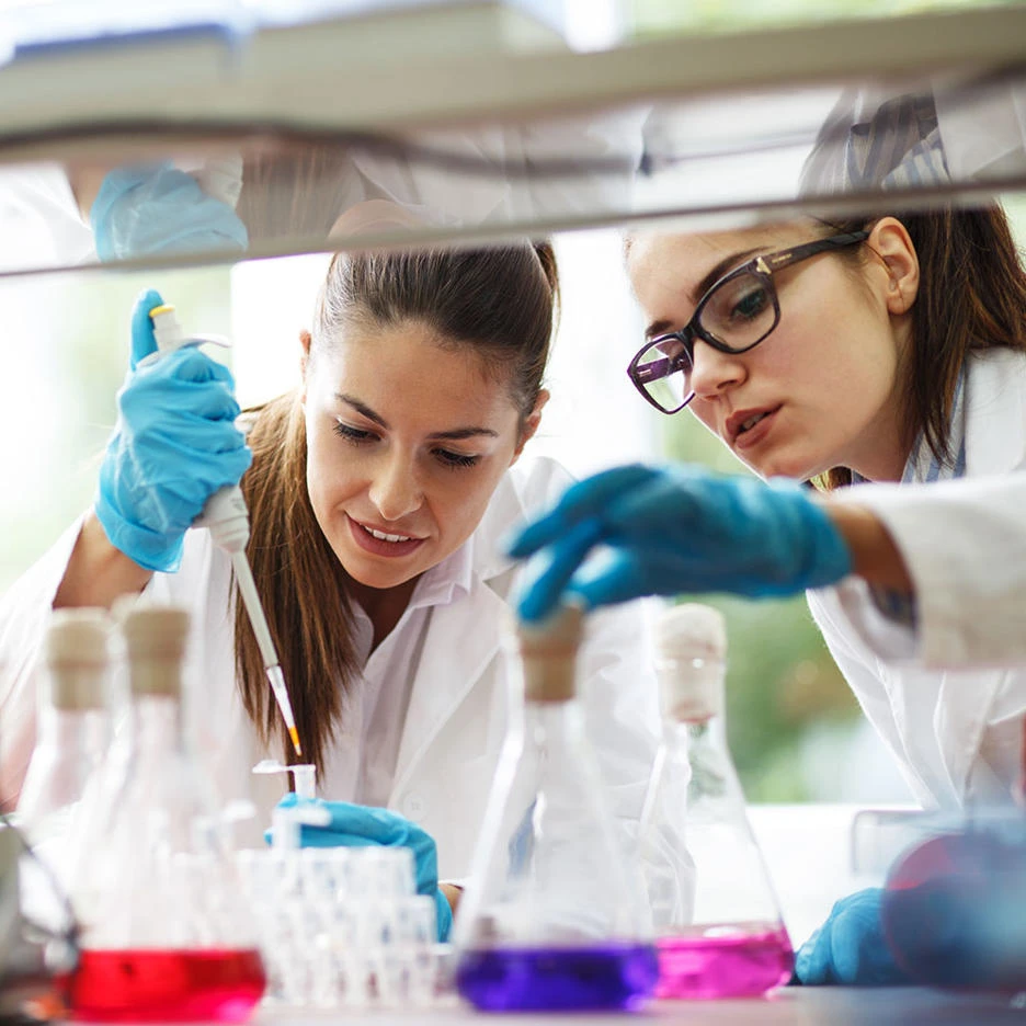 Two scientists working in a laboratory.