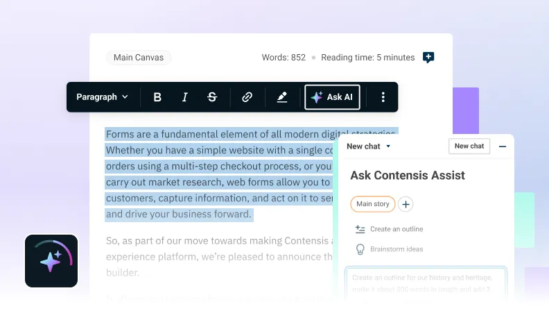 Text editor with highlighted paragraph and toolbar, alongside AI assistant panel offering outline and brainstorming options.
