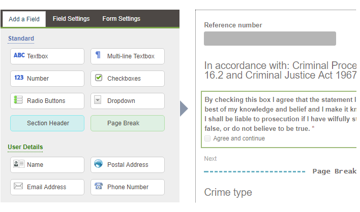 An illustration showing the Contensis form builder used to create the self-service forms on the Cambridgeshire Constabulary website.