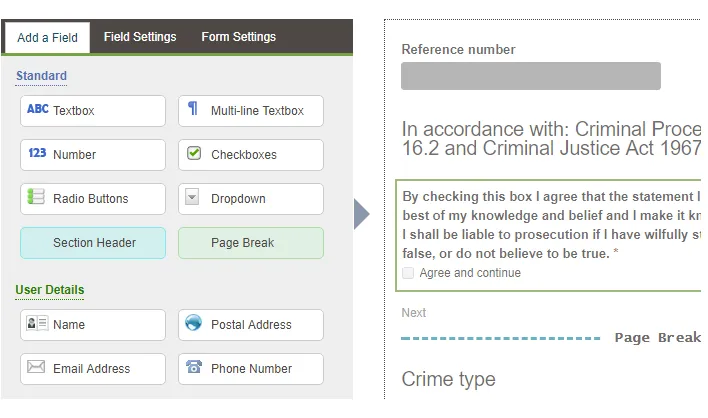 An illustration showing the Contensis form builder used to create the self-service forms on the Cambridgeshire Constabulary website. 