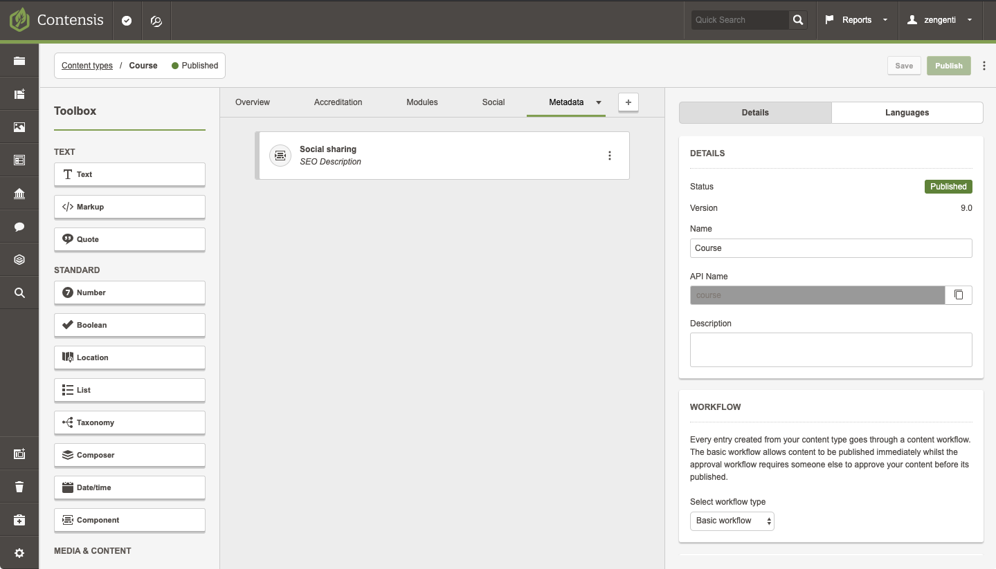 The Contensis entry editor showing the a component field with the name of the component underneath.