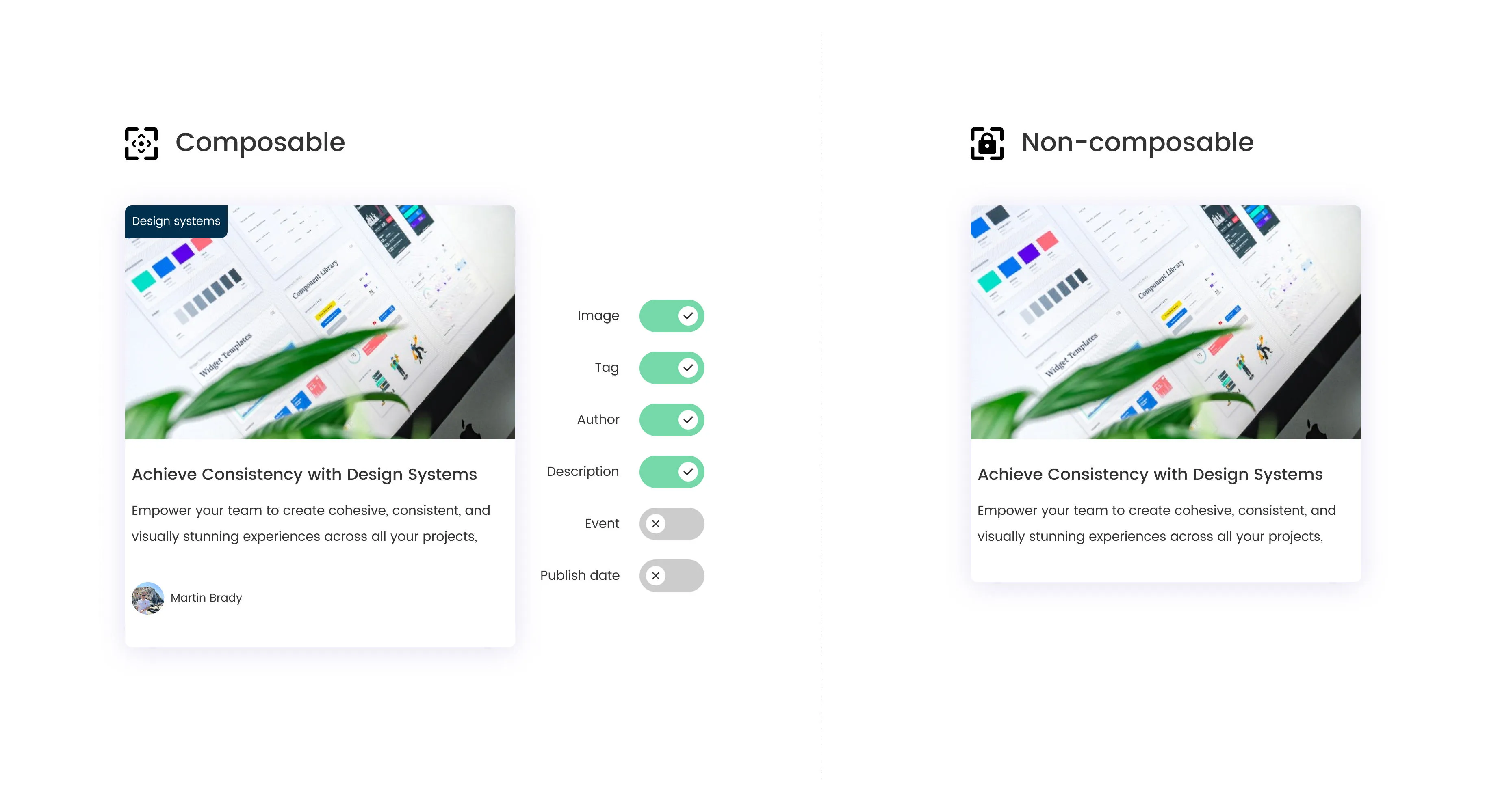 A side by side view of a composable card component, with toggles for changing the design, and a non-composable card component.