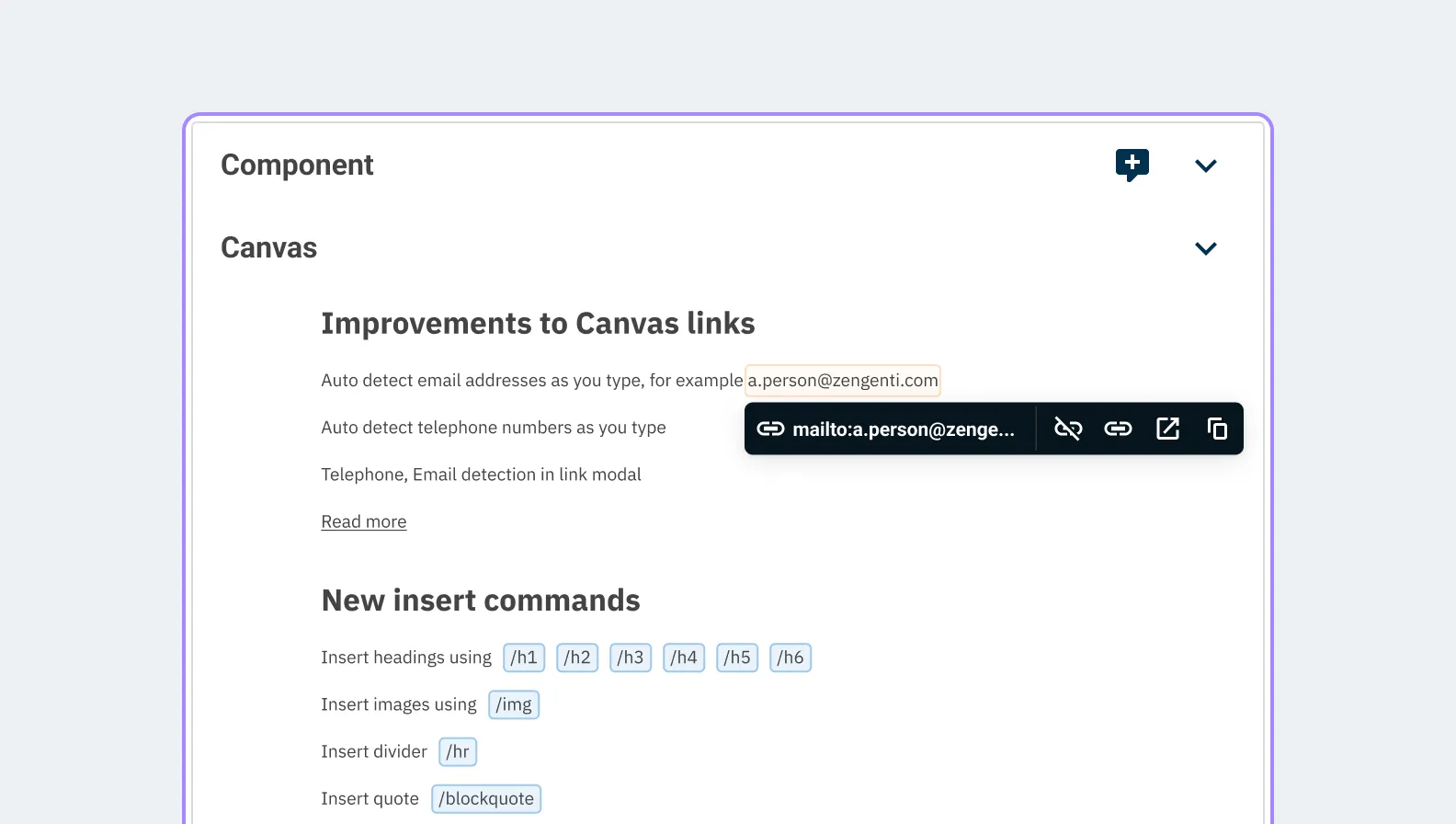 A Contensis Canvas editor with an inline mailto: link.
