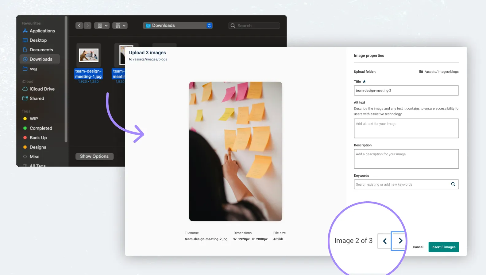 The new image upload screen in the Contensis entry editor.