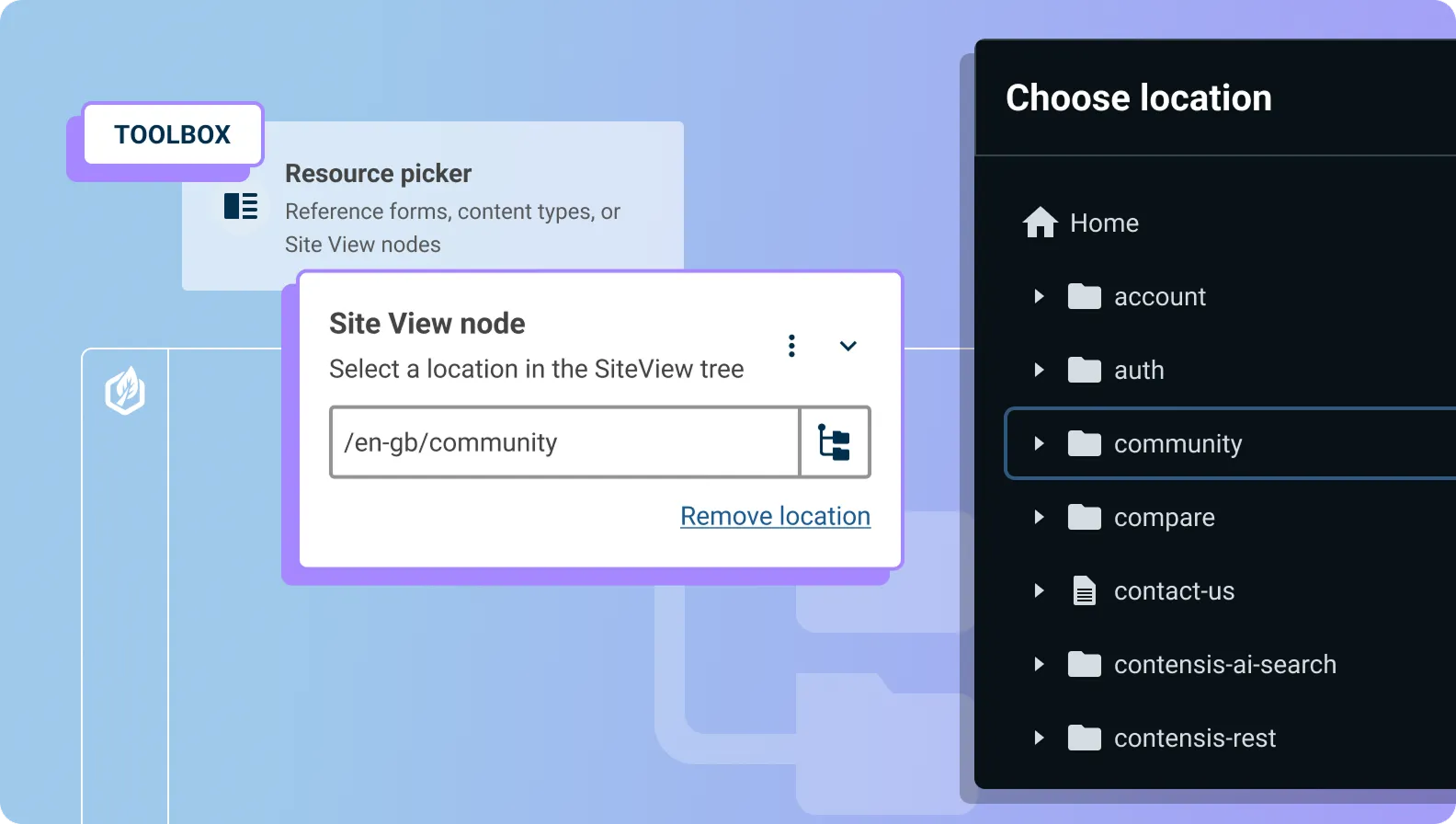 An illustration of the Site View node picker editor in Contensis.