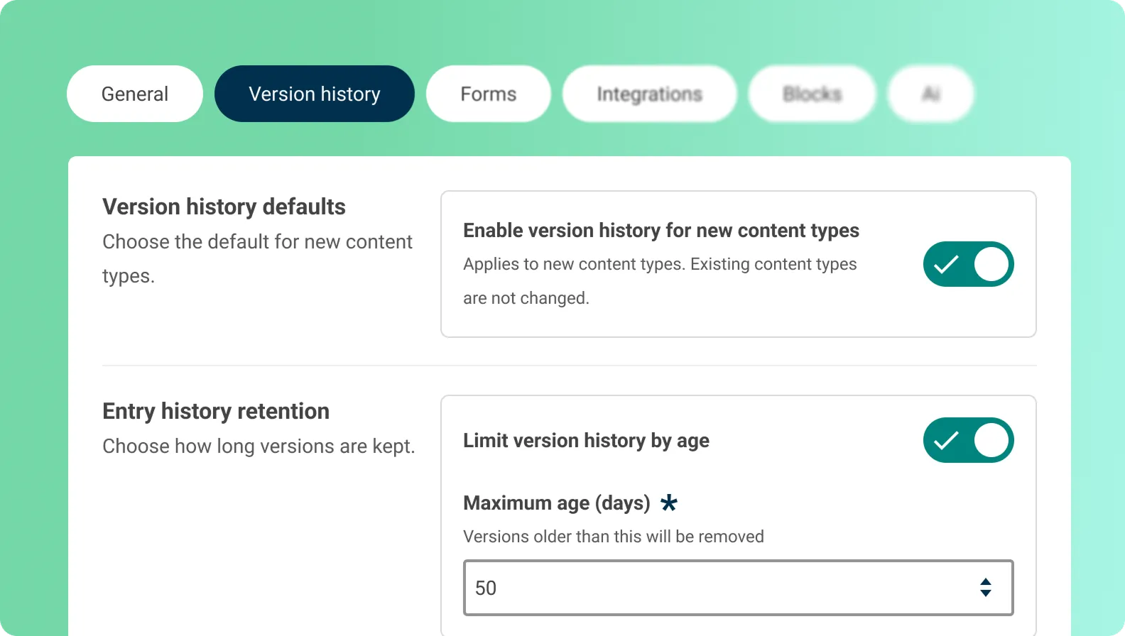 An illustration of the Version history tab in the Contensis project settings.