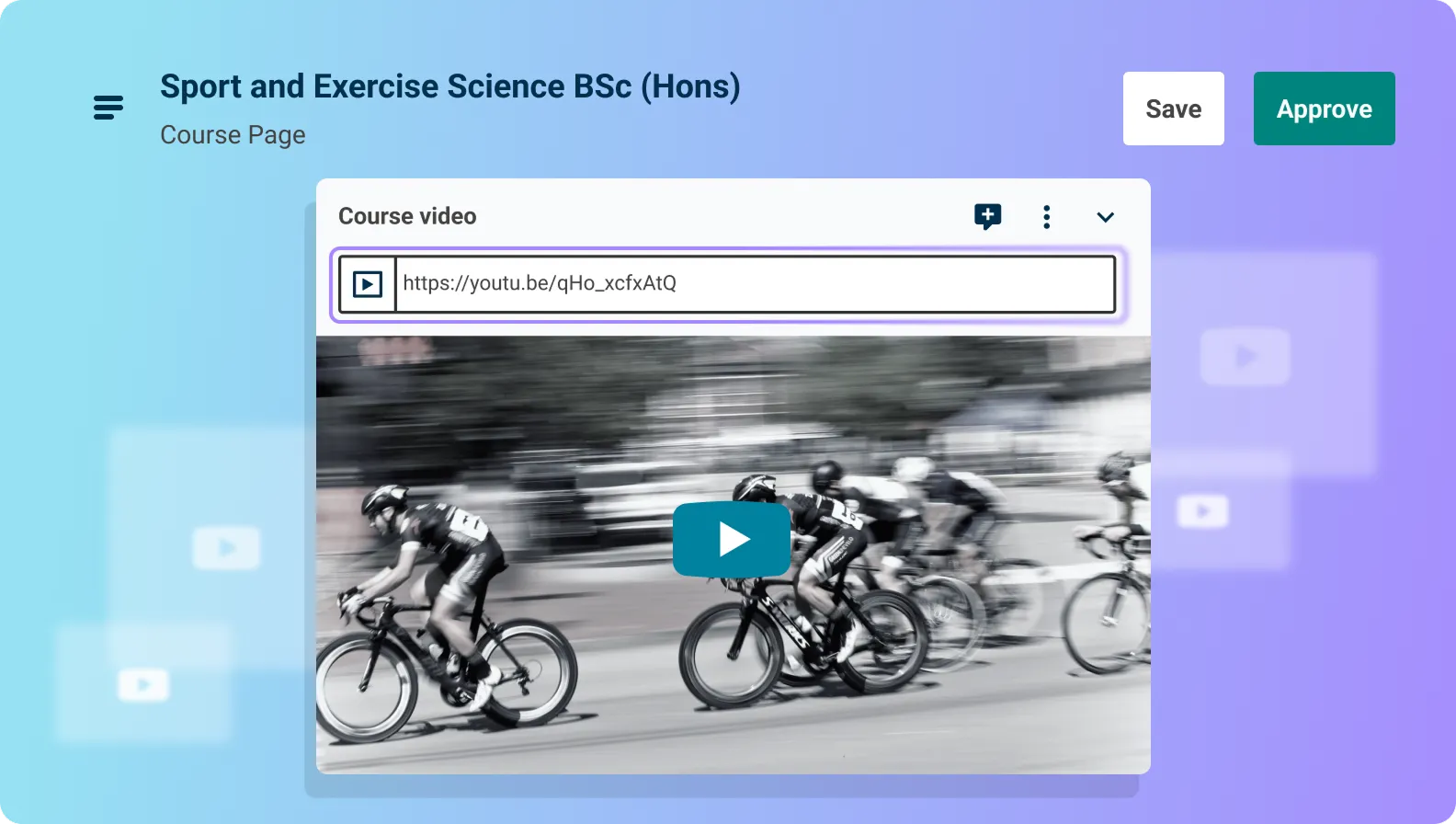 An illustration of a video field on a Contensis entry for a university course page for a sports and exercise degree. The field contains a YouTube URL and displays a preview showing a cycling race.