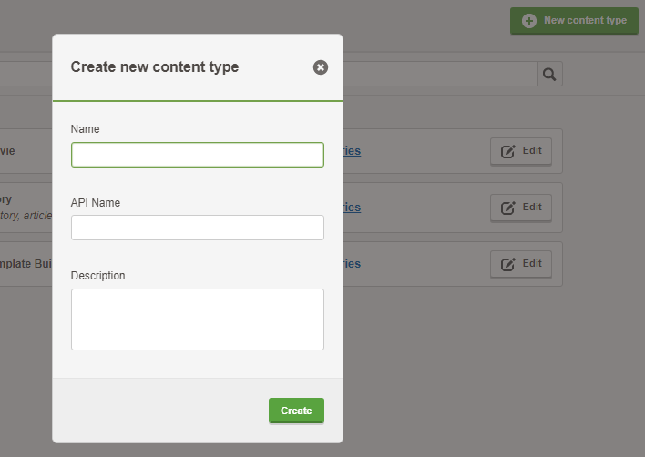 The Create new content type window in Contensis.