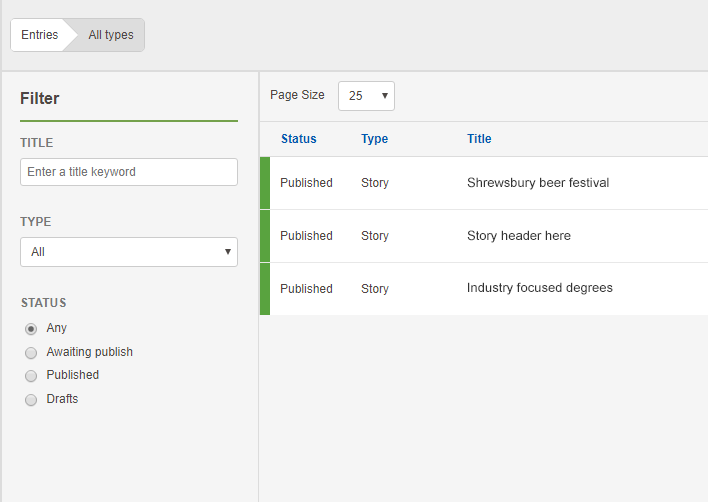 A filtered view of an entry listing in Contensis showing three entries.