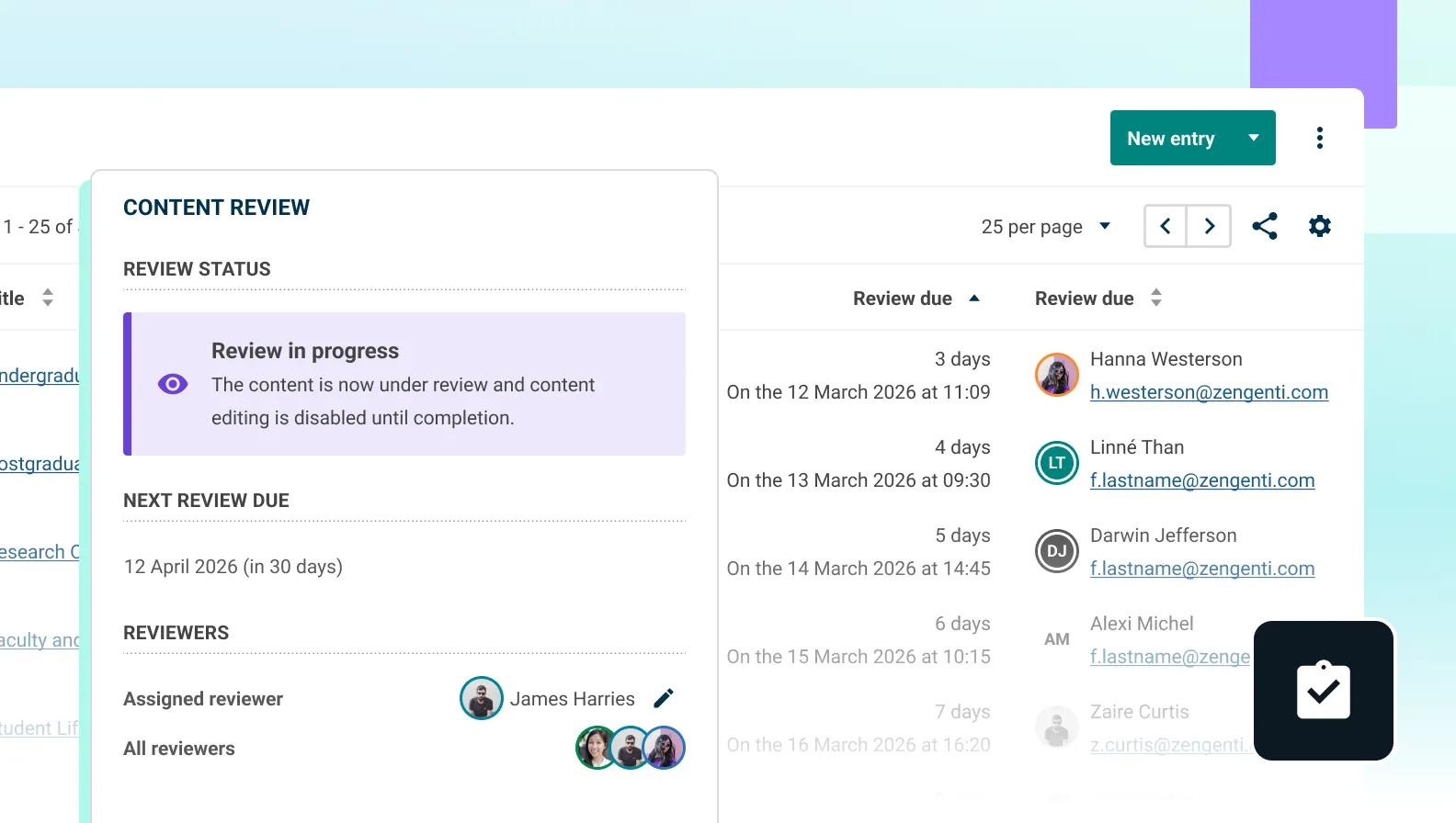 Content review panel showing “review in progress,” next review date, and assigned reviewers alongside a list of review tasks and due dates.