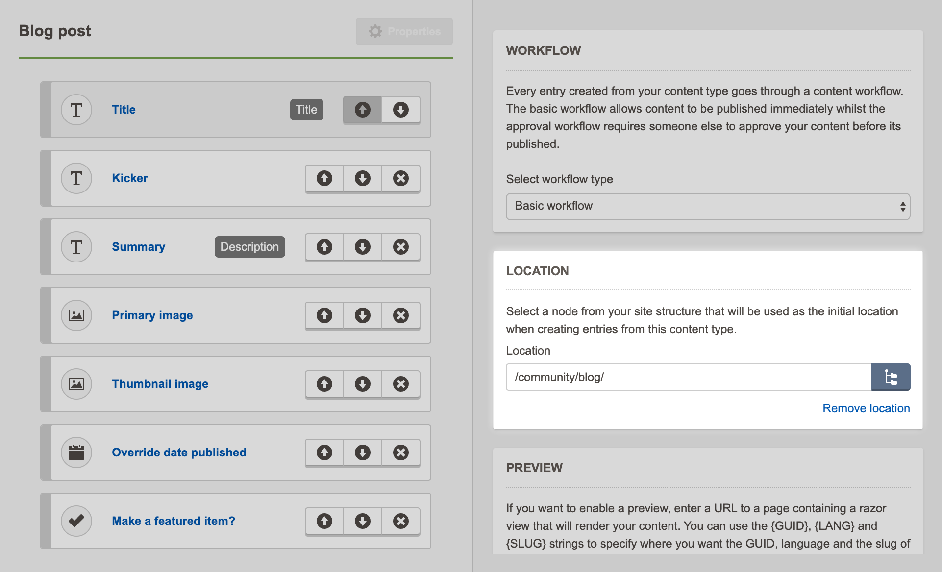 A blog content type being modelled in the Contensis content type builder with the default location field highlighted.