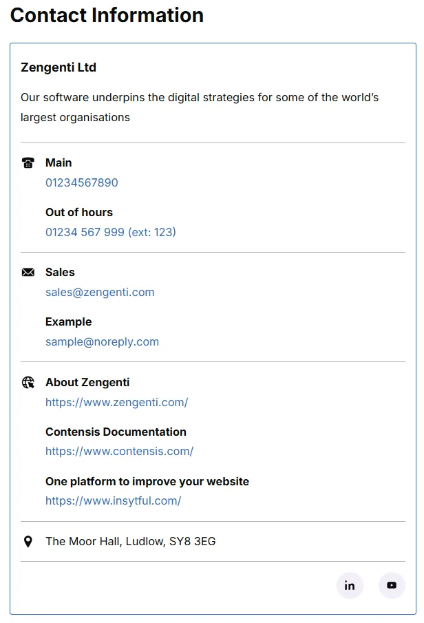 Visual of the 'Contact' component available for editors using Contensis for Councils.