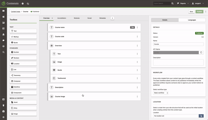 An animation showing fields being reordered in a content type using drag and drop.