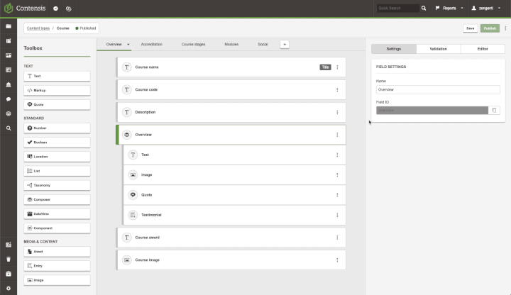 An animation showing a field being duplicated in the Contensis content type builder.