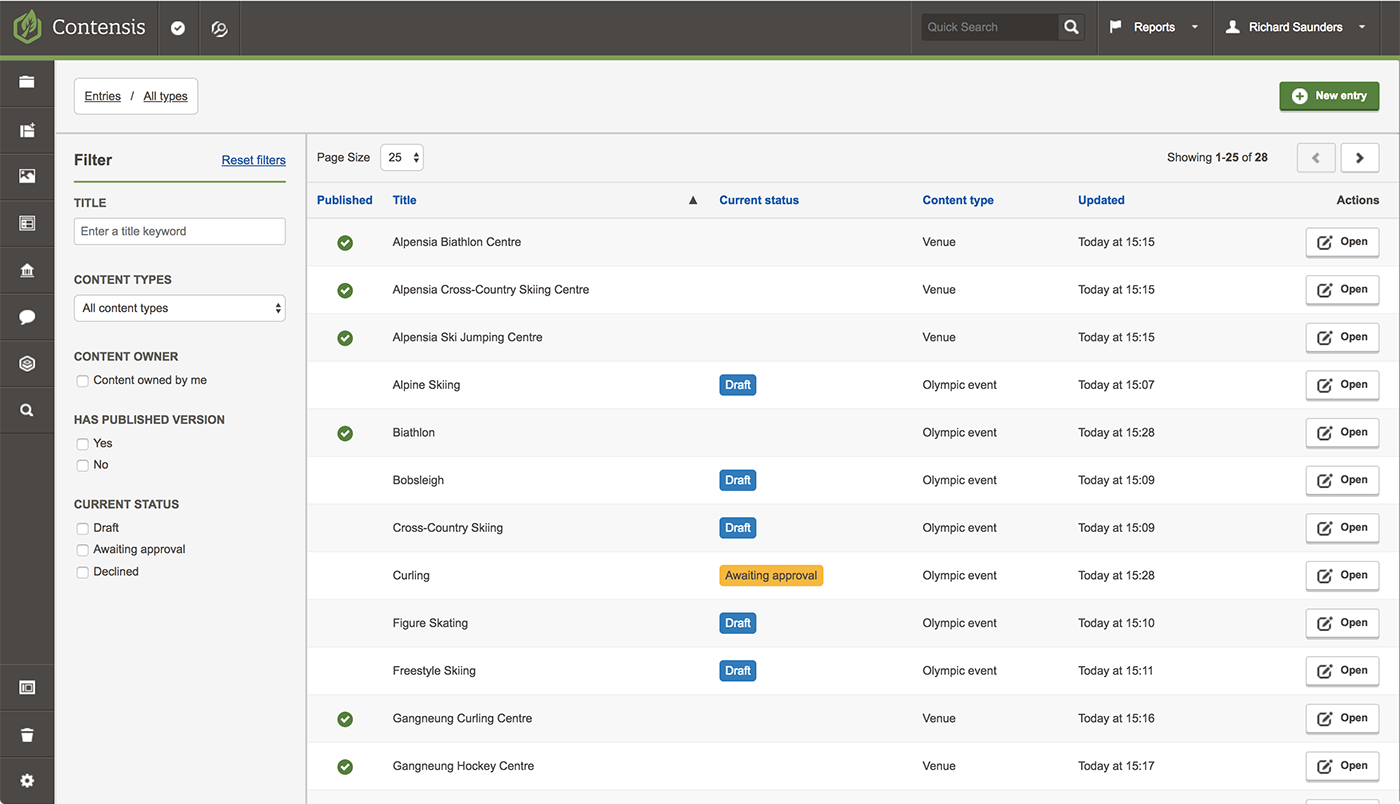 The entries listing screen in Contensis.