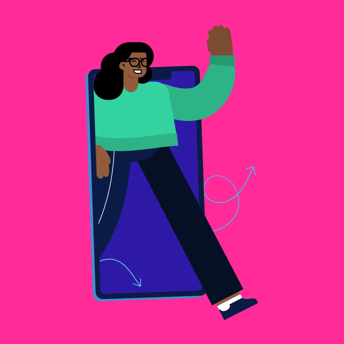 Illustration of woman walking out of a mobile device 