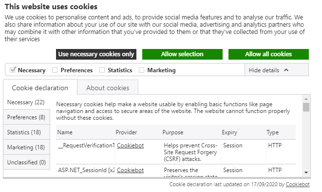 An example of a Cookiebot preference centre.