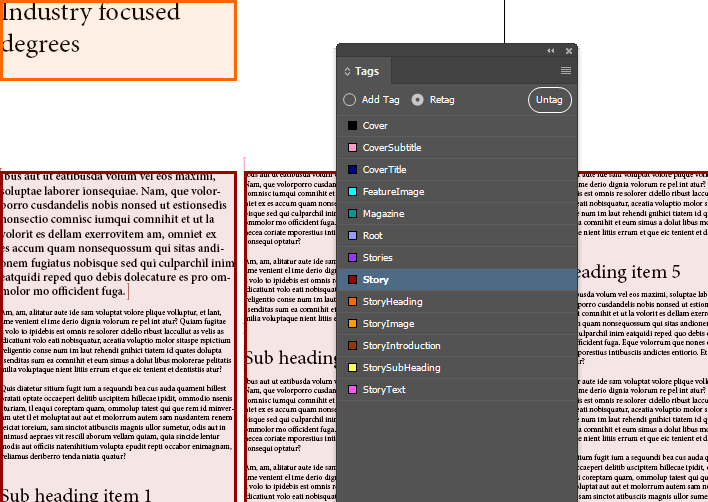 The Tags panel in Adobe InDesign.