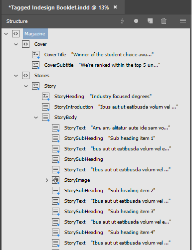 The Structure pane in Adobe InDesign.