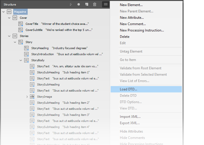 The Load DTD option highlighted in the Structure pane menu in Adobe InDesign.