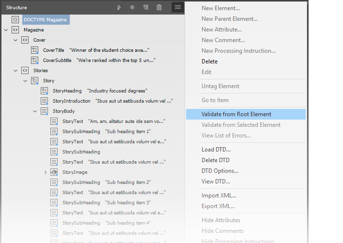 The Validate from Root Element option highlighted in Structure pane menu in Adobe InDesign.