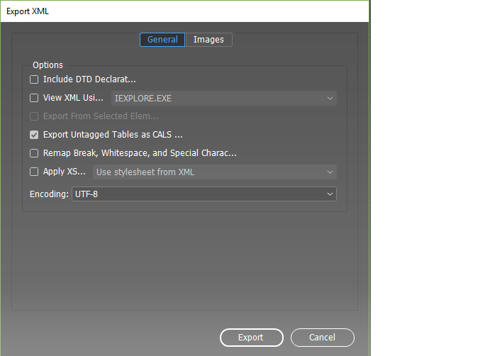 The Export XML dialog box in Adobe InDesign.