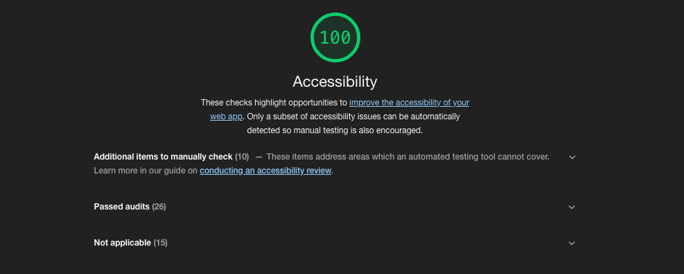 Screenshot of a 100% accessibility score in Lighthouse