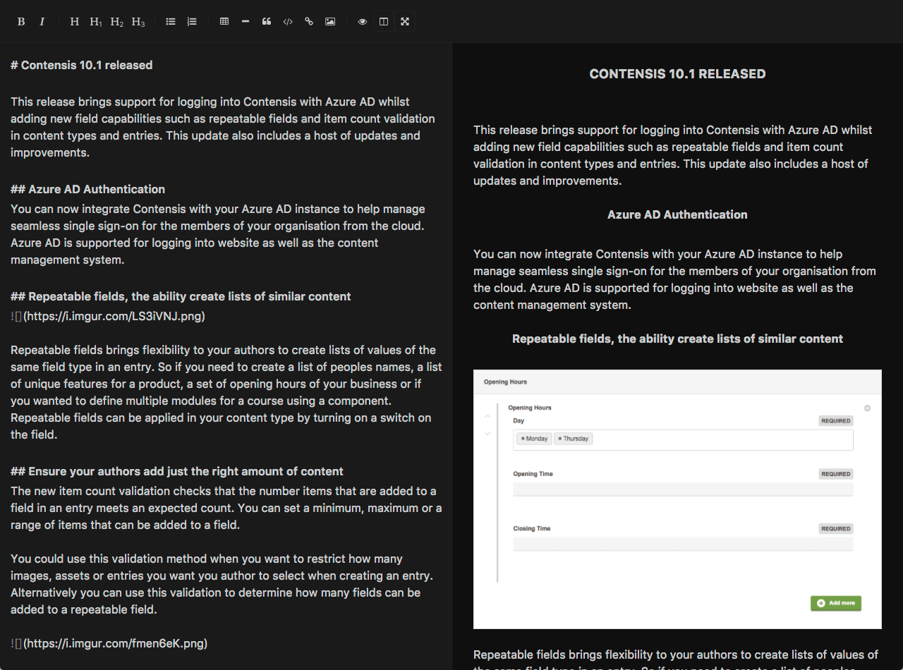 The Contensis markdown editor's dark theme.