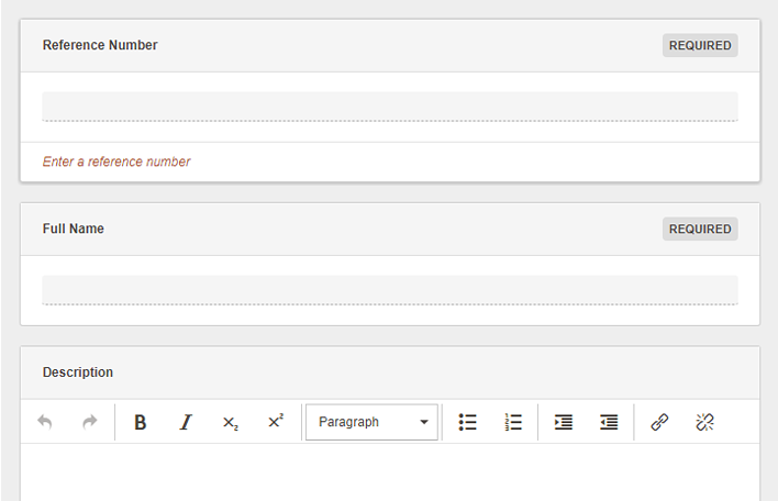 A screenshot of the content type for storing a missing person with fields for a reference number, full name, and description.