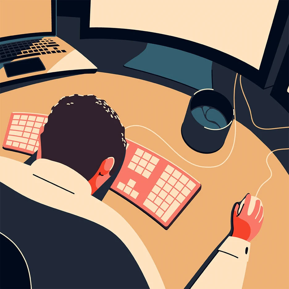 An illustration of am exhausted man slumped in front of a computer.