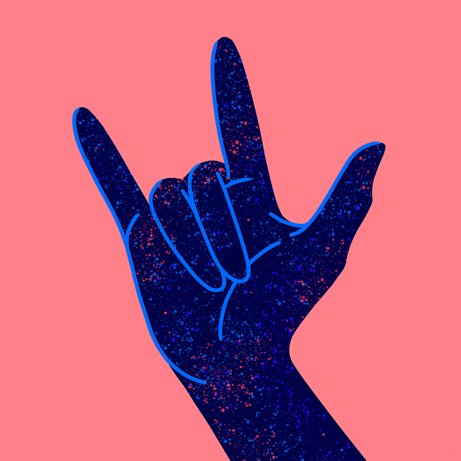 An illustration of a hand signing the ILY sign from American Sign Language.