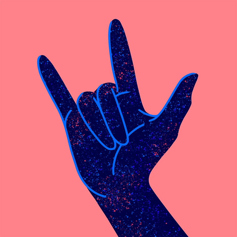 An illustration of a hand signing the ILY sign from American Sign Language. 