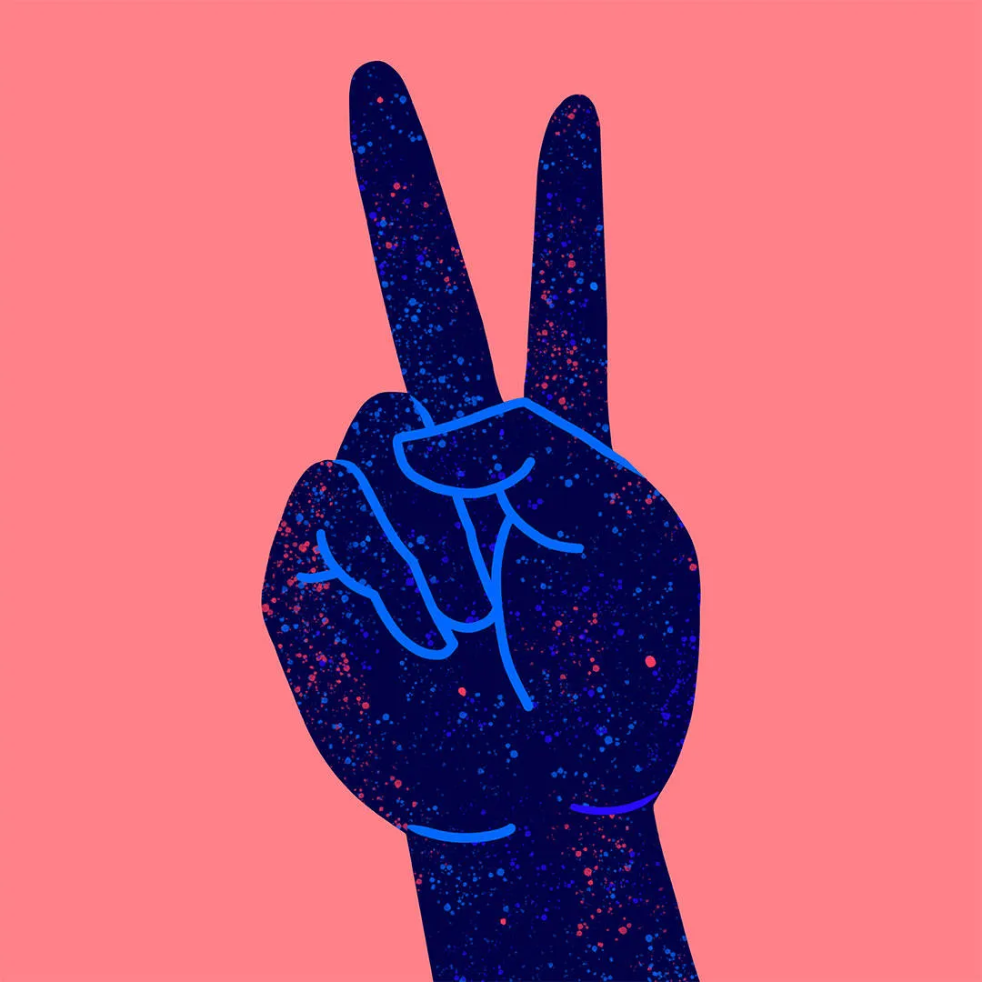 An illustration of a hand making a peace sign.